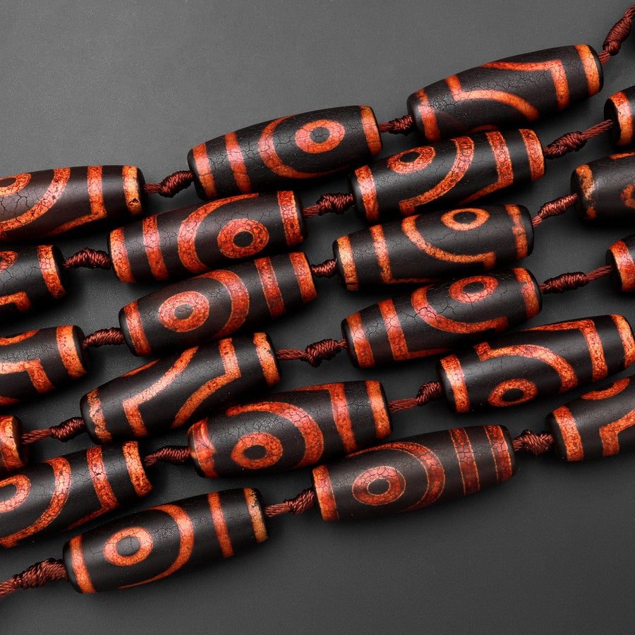 Large Tibetan Agate Barrel Drum Cylinder Tube 40mm Beads Dzi Agate Red Brown Etched Eye Antique Boho Beads 15.5" Strand