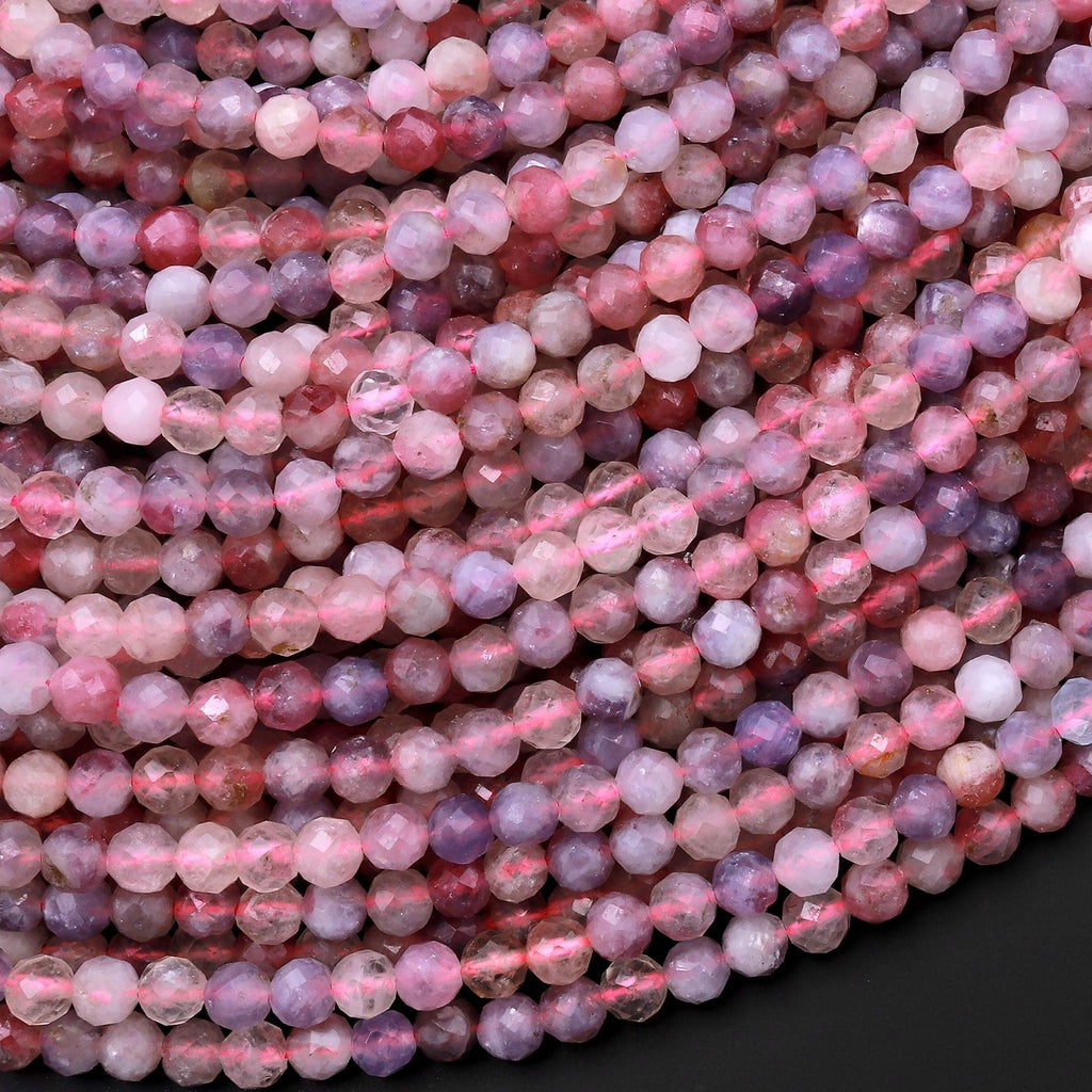Faceted Natural Pink Tourmaline Purple Lepidolite 4mm Round Beads Micro Diamond Cut Gemstone 15.5" Strand