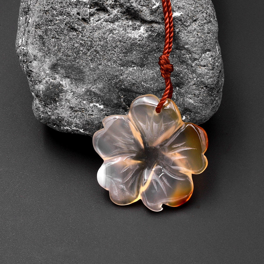 Hand Carved Natural Carnelian Flower Pendant Translucent Cream Colors Gemstone Focal Bead