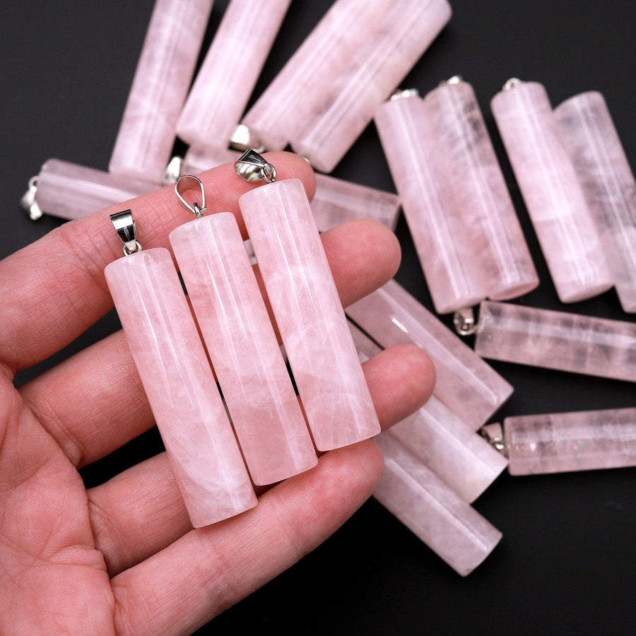 Natural Pink Rose Quartz Long Cylinder Pendant Natural Crystal Focal Bead