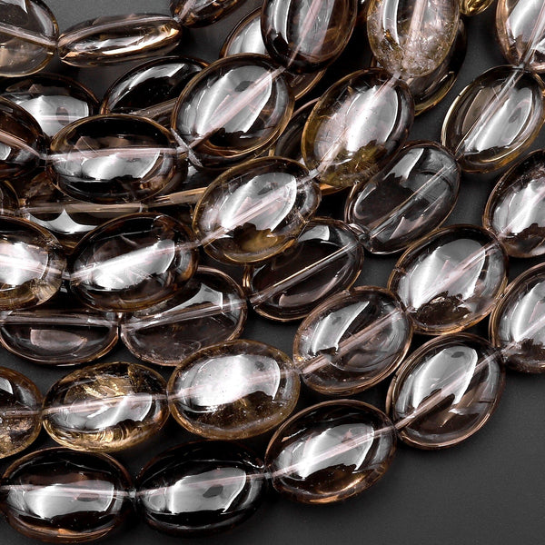 Natural Smoky Rock Crystal Quartz Beads Smooth Oval 16mm 18mm 15.5" Strand