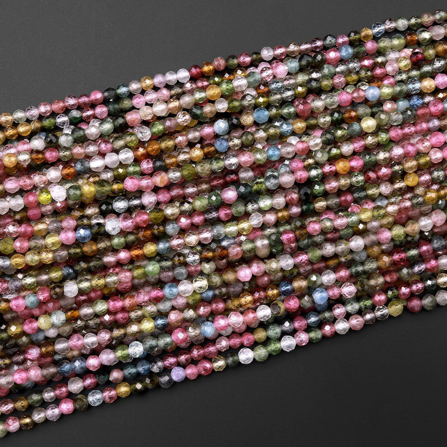 AAA Micro Faceted Natural Multicolor Tourmaline Round Beads 3mm Pink Green Blue Real Genuine Gemstone 15.5" Strand
