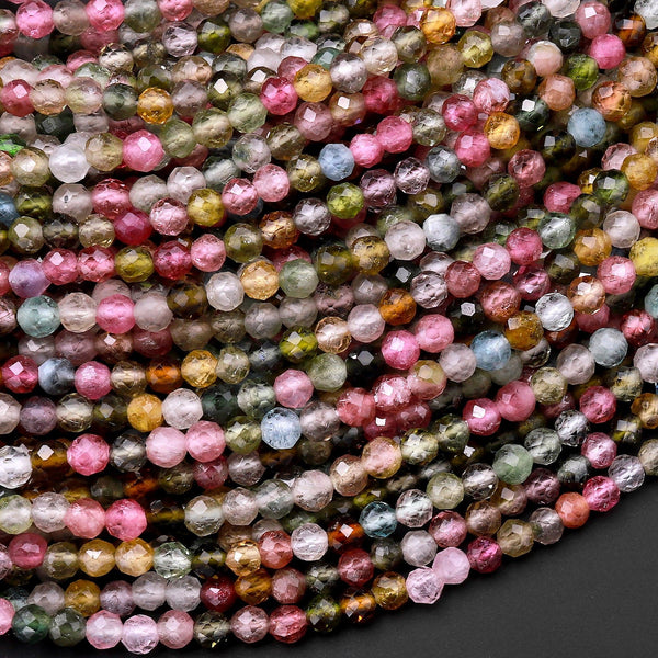 AAA Micro Faceted Natural Multicolor Tourmaline Round Beads 3mm Pink Green Blue Real Genuine Gemstone 15.5" Strand