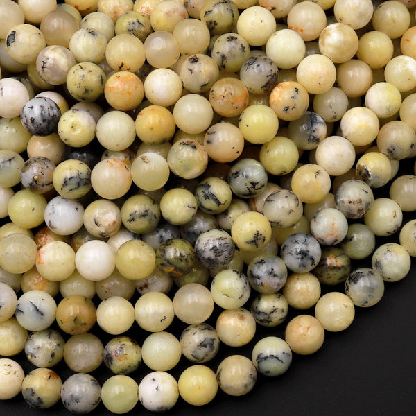 Natural African Moss Dendritic Opal 6mm 8mm Round Beads Light Yellow Gemstone 15.5" Strand