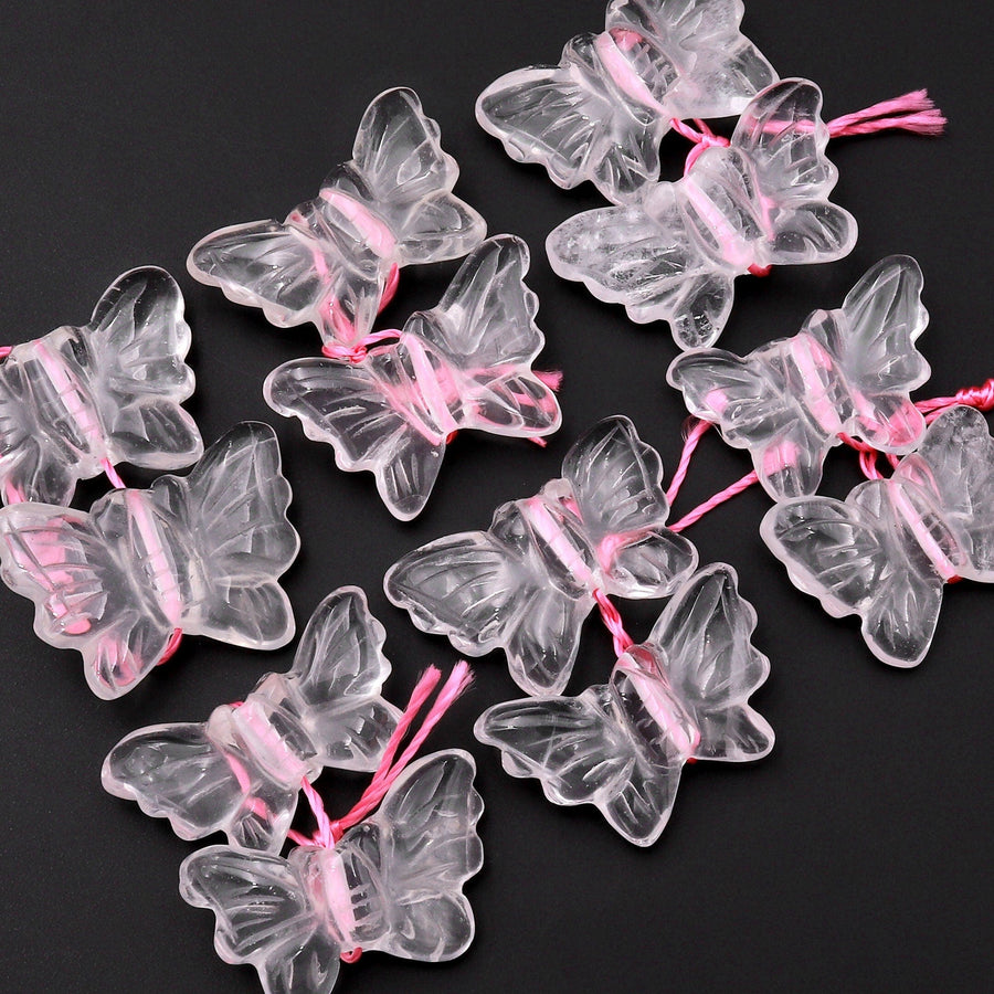 Hand Carved Natural Translucent Pink Rose Quartz Butterfly Earring Pair Drilled Gemstone Matched Beads