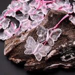 Hand Carved Natural Translucent Pink Rose Quartz Butterfly Earring Pair Drilled Gemstone Matched Beads