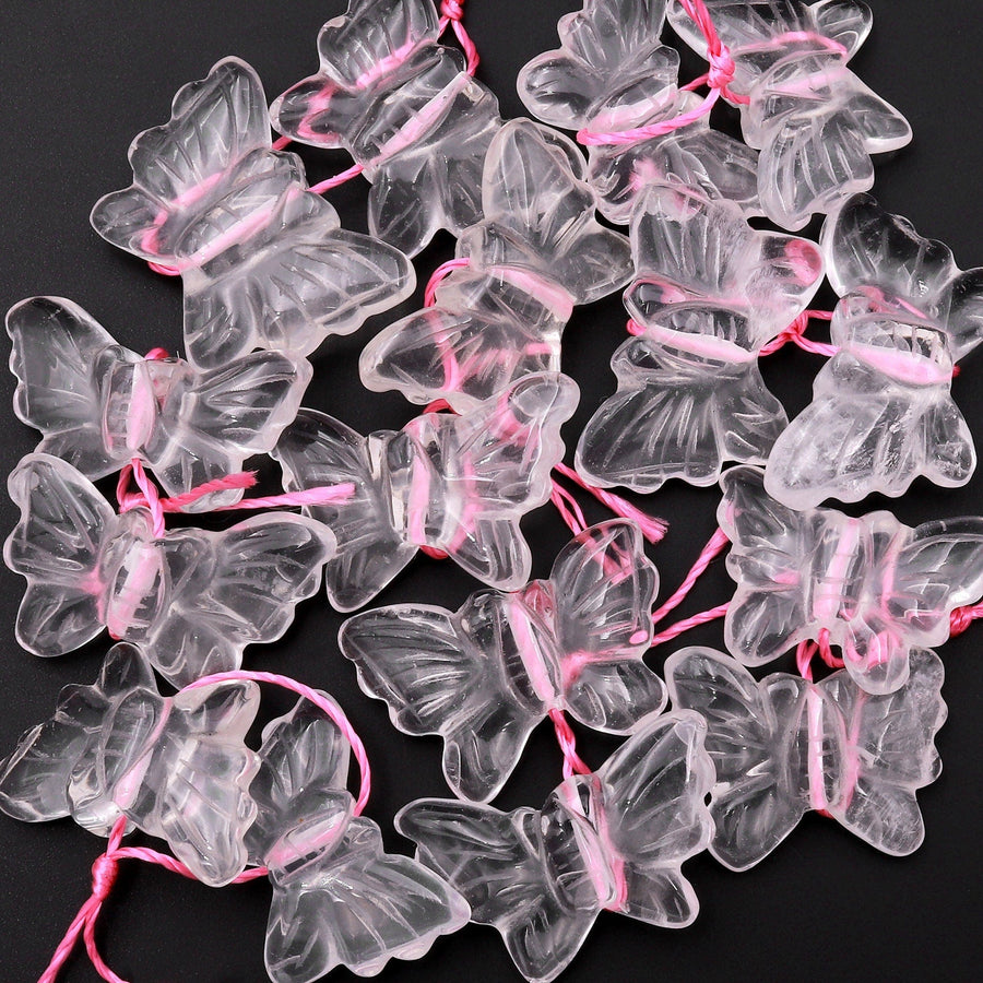 Hand Carved Natural Translucent Pink Rose Quartz Butterfly Earring Pair Drilled Gemstone Matched Beads