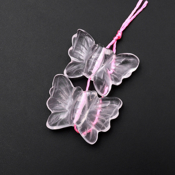 Hand Carved Natural Translucent Pink Rose Quartz Butterfly Earring Pair Drilled Gemstone Matched Beads