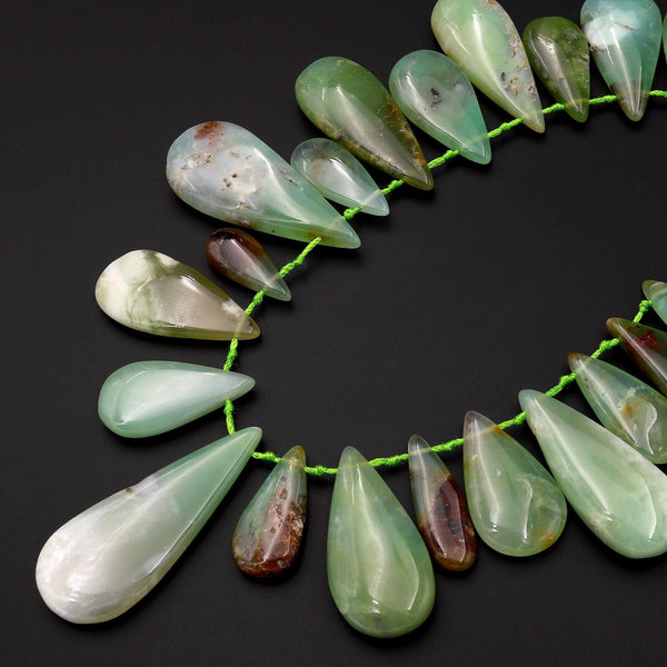 Gemmy Green Color~ Large Natural Australian Chrysoprase Teardrop Beads Focal Pendant Top Side Drilled Gemstone A1 15.5" Strand