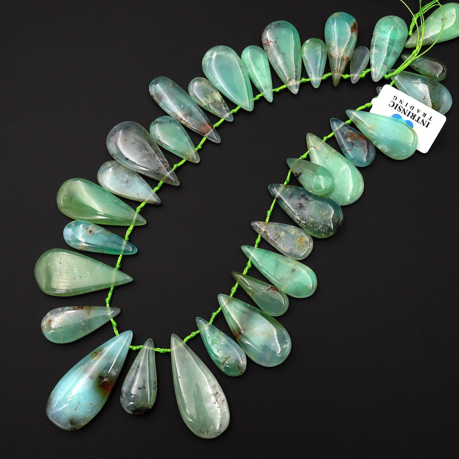Gemmy Green Color~ Large Natural Australian Chrysoprase Teardrop Beads Focal Pendant Top Side Drilled Gemstone A2 15.5" Strand