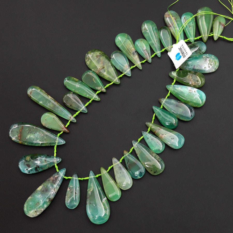 Gemmy Green Color~ Large Natural Australian Chrysoprase Teardrop Beads Focal Pendant Top Side Drilled Gemstone A3 15.5" Strand