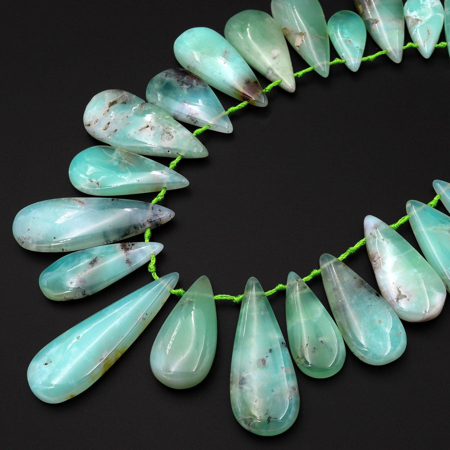 Gemmy Green Color~ Large Natural Australian Chrysoprase Teardrop Beads Focal Pendant Top Side Drilled Gemstone A4 15.5" Strand