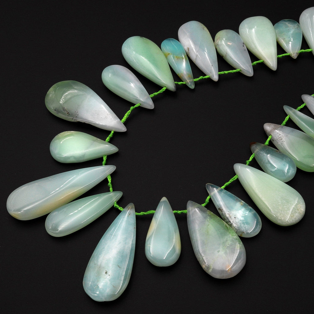 Gemmy Green Color~ Large Natural Australian Chrysoprase Teardrop Beads Focal Pendant Top Side Drilled Gemstone A5 15.5" Strand