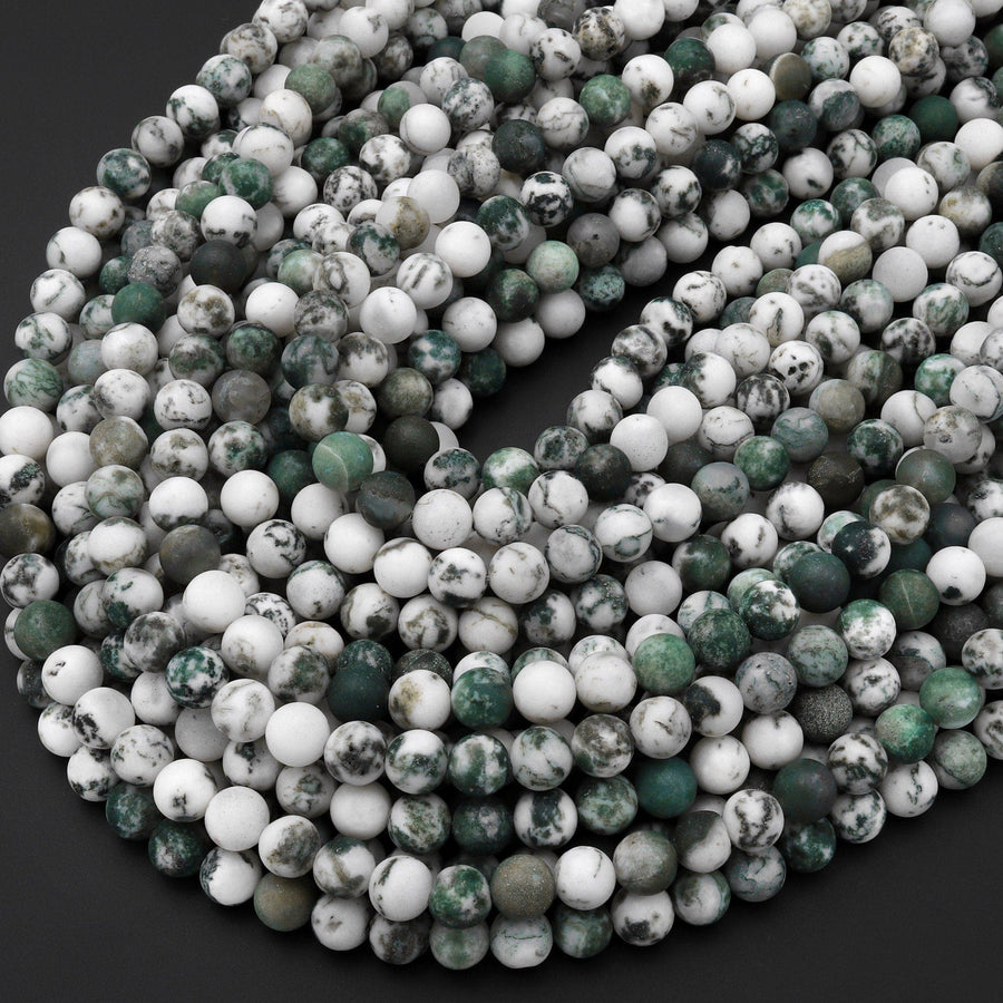 Matte Natural Green Tree Agate 6mm 8mm 10mm Round Beads 15.5" Strand