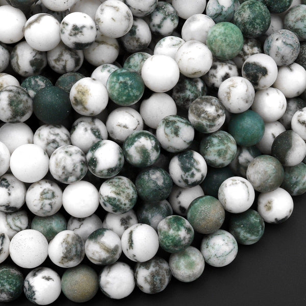 Matte Natural Green Tree Agate 6mm 8mm 10mm Round Beads 15.5" Strand