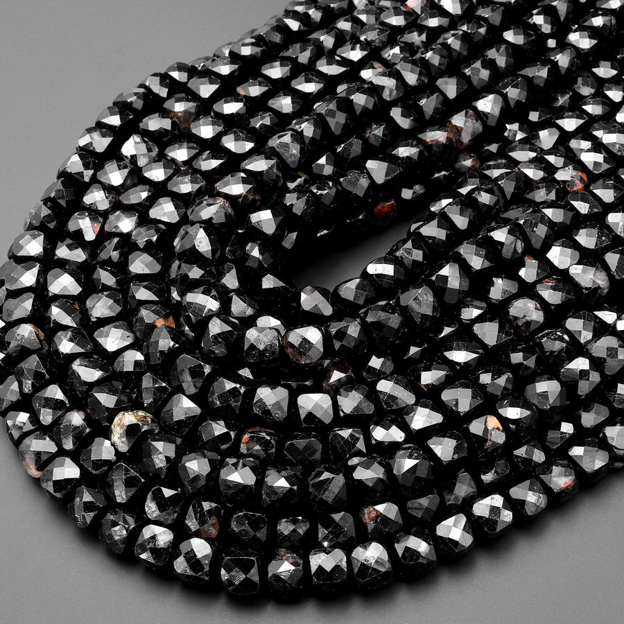 Natural Black Tourmaline Faceted 6mm 8mm Cube Beads Micro Faceted Laser Diamond Cut 15.5" Strand
