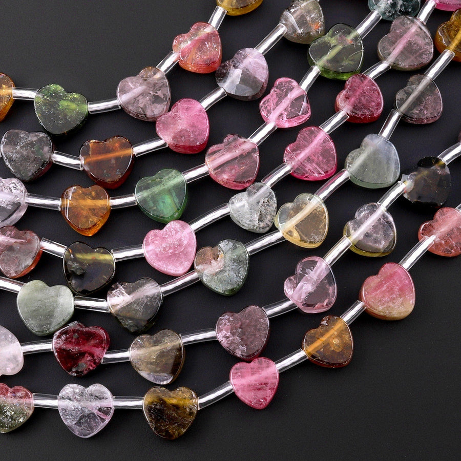 Tourmaline Heart Beads 8mm Natural Multicolor Watermelon Pink Green Yellow Gemstone Top Side Drilled 18" Strand