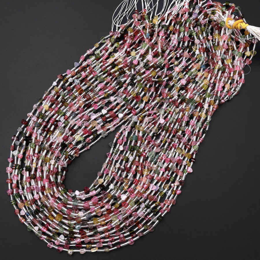 Colorful Tourmaline Heart Beads 4mm Natural Multicolor Watermelon Pink Green Yellow Gemstone 18" Strand