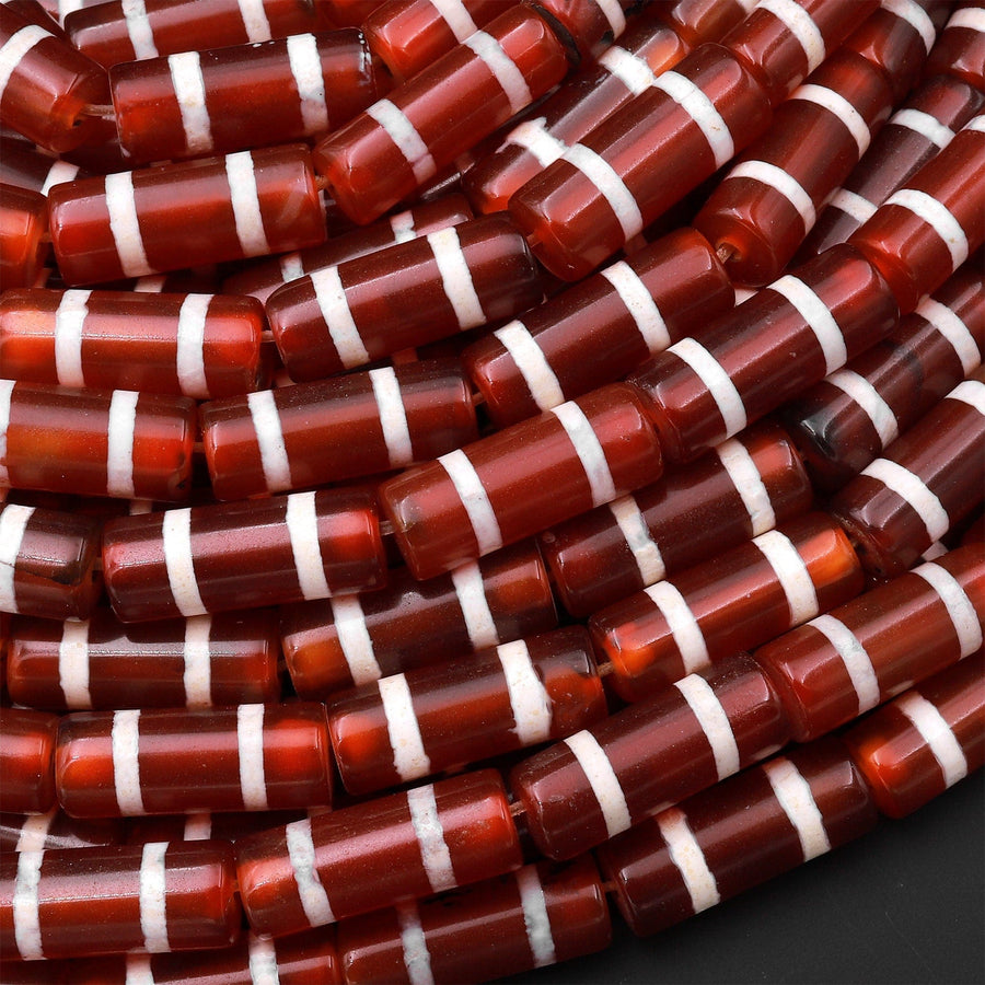 Tibetan Red Agate Tube Cylinder Beads Dzi White Etched Line Ring Mala Antique Boho Beads 15.5" Strand