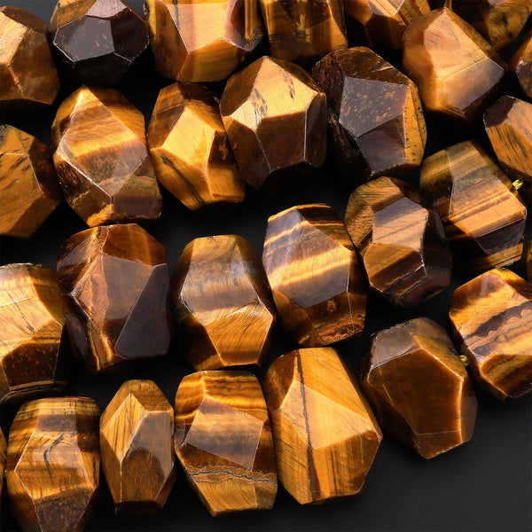 Natural Tiger's Eye Beads Large Chunky Faceted Rectangle Nuggets Unique Designer Cut Center Drilled Gemstone 15.5" Strand