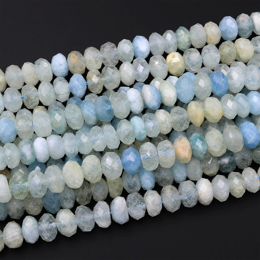 AA Translucent Large Natural Blue Aquamarine Faceted Rondelle Beads 8mm 10mm 15.5" Strand