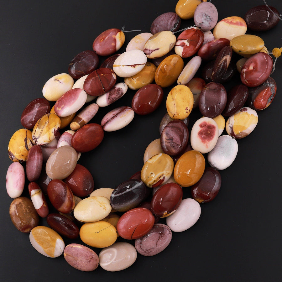 Natural Australian Mookaite Jasper Oval Beads Sunset Color Red Yellow Maroon Red Creamy beige 15.5" Strand
