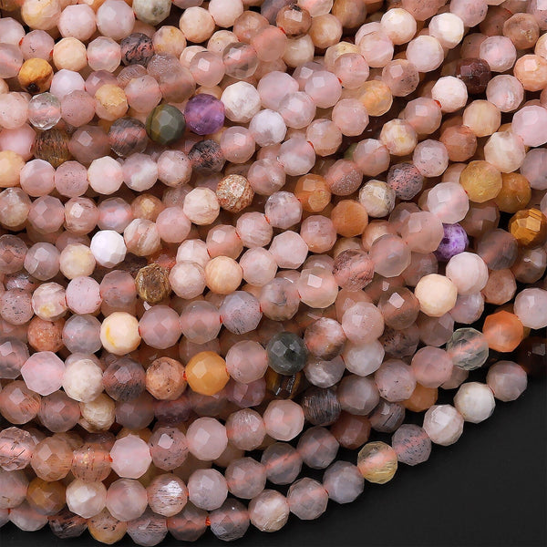 Micro Faceted Natural Peach Moonstone 3mm 4mm Round Beads 15.5" Strand
