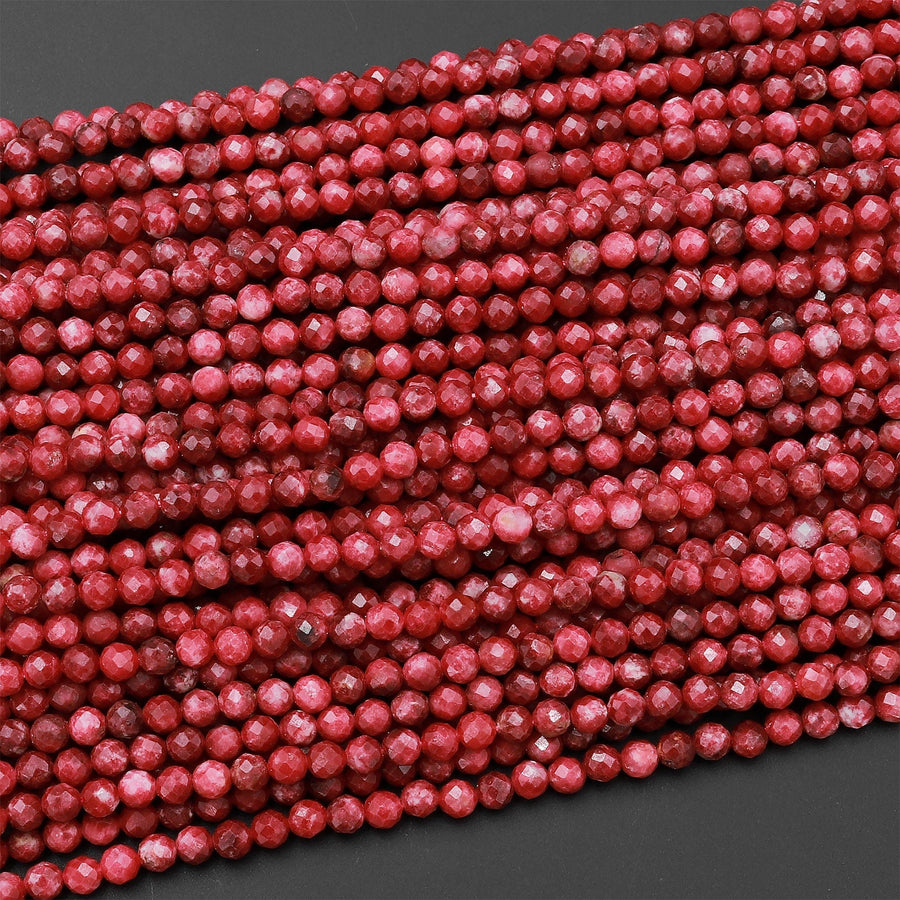 Faceted Natural Red Thulite 3mm 4mm Round Beads Micro Diamond Cut Gemstone From Norway 15.5" Strand