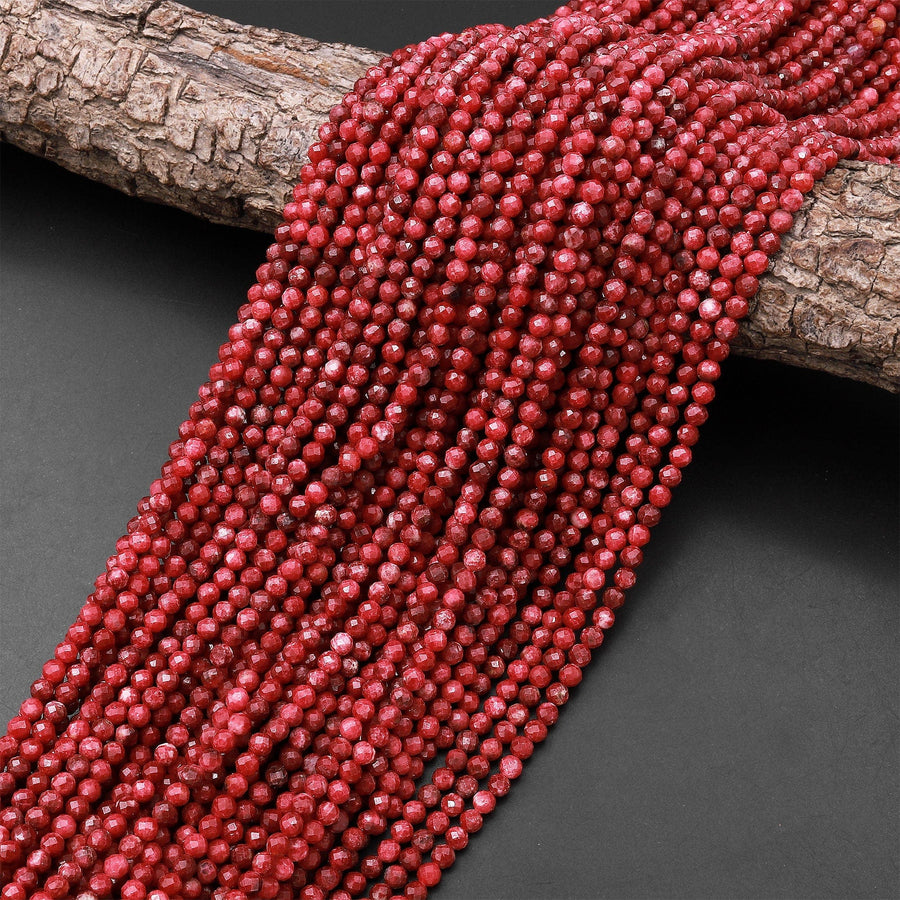 Faceted Natural Red Thulite 3mm 4mm Round Beads Micro Diamond Cut Gemstone From Norway 15.5" Strand