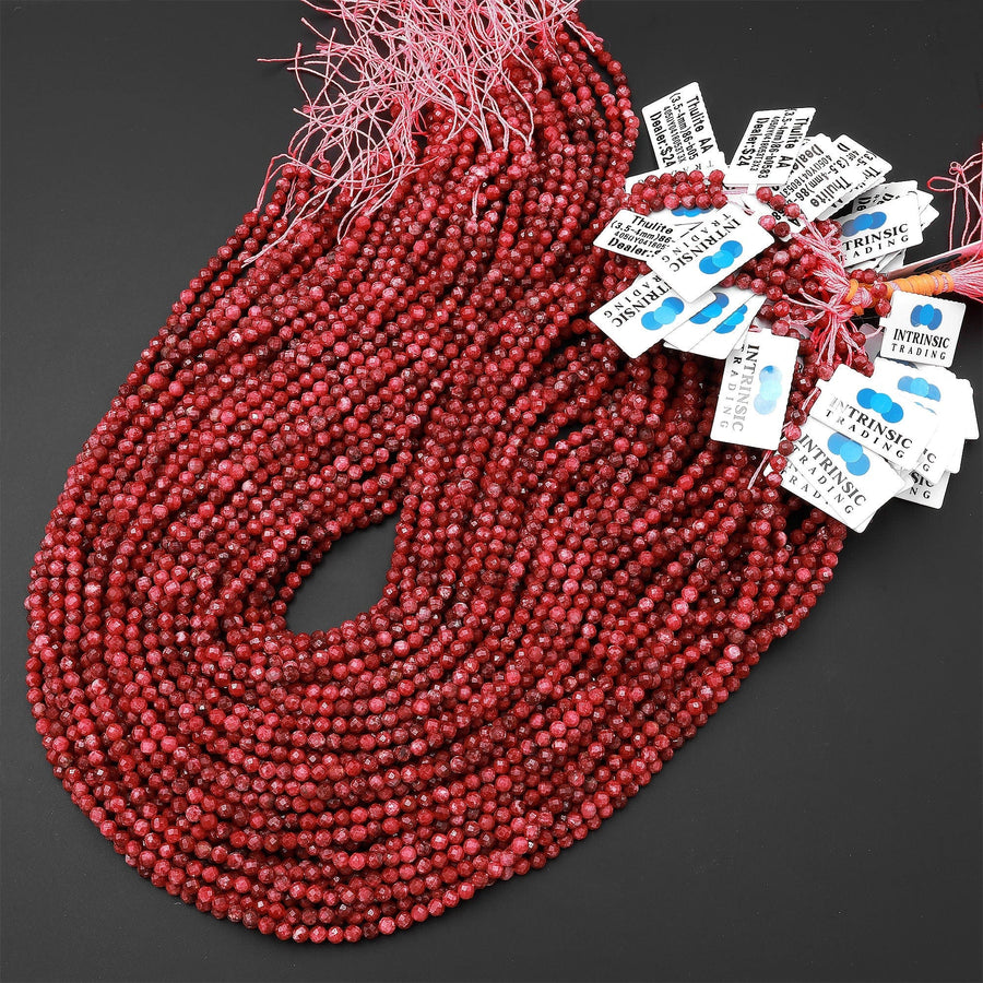 Faceted Natural Red Thulite 3mm 4mm Round Beads Micro Diamond Cut Gemstone From Norway 15.5" Strand