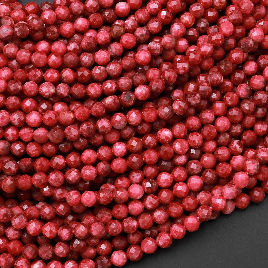 Faceted Natural Red Thulite 3mm 4mm Round Beads Micro Diamond Cut Gemstone From Norway 15.5" Strand