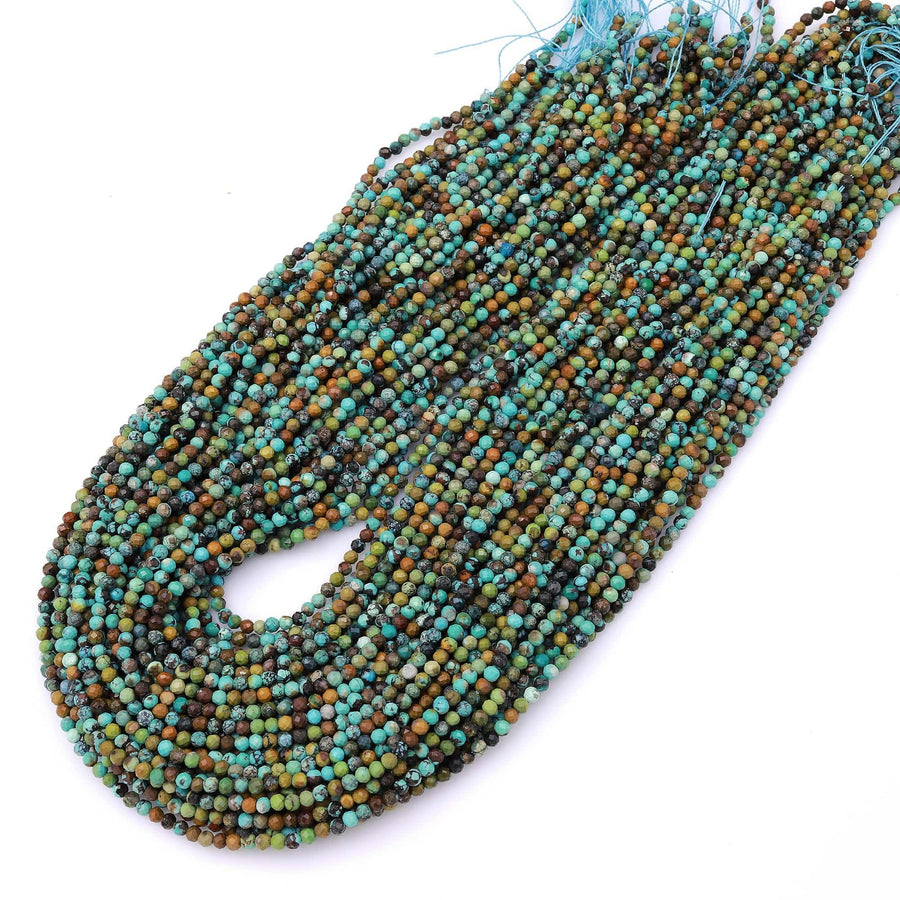 Genuine Natural Dragon Skin Turquoise 2mm 3mm Faceted Round Beads Multicolor Blue Green Brown Turquoise Micro Diamond Cut 15.5" Strand