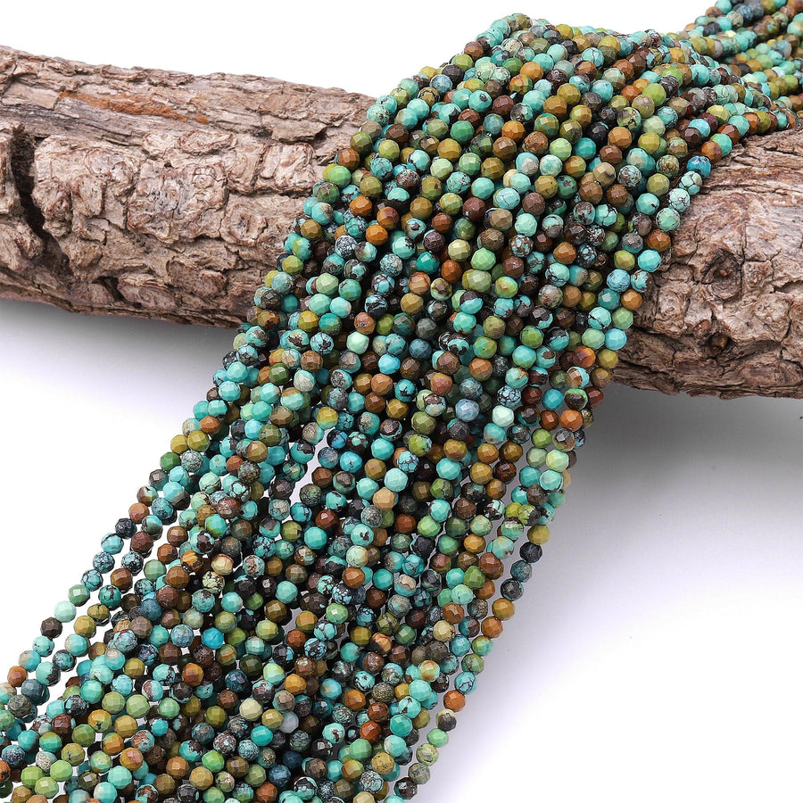 Genuine Natural Dragon Skin Turquoise 2mm 3mm Faceted Round Beads Multicolor Blue Green Brown Turquoise Micro Diamond Cut 15.5" Strand