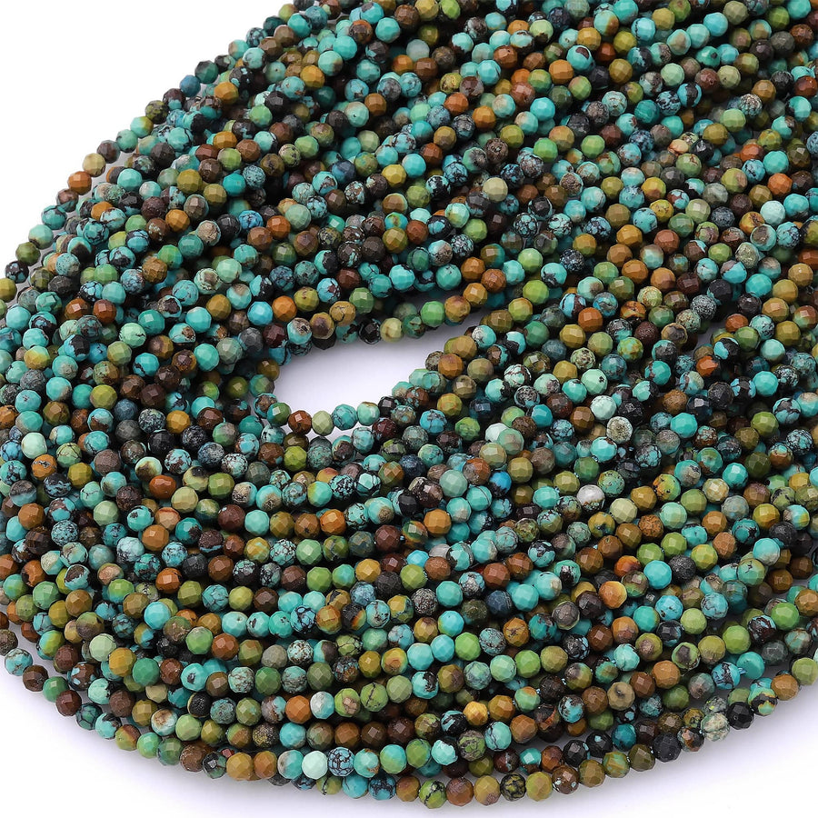 Genuine Natural Dragon Skin Turquoise 2mm 3mm Faceted Round Beads Multicolor Blue Green Brown Turquoise Micro Diamond Cut 15.5" Strand