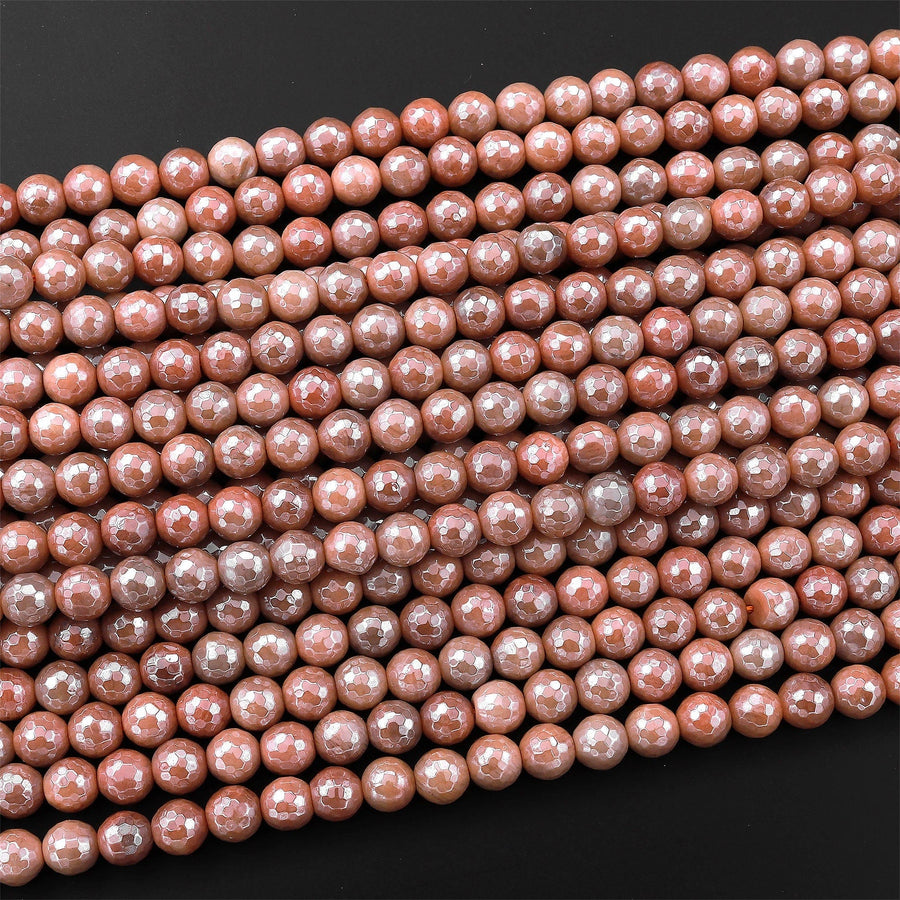 Mystic Sunstone Faceted 6mm 8mm Round Beads Plated Silverite AB Coated Natural Gemstone 15.5" Strand