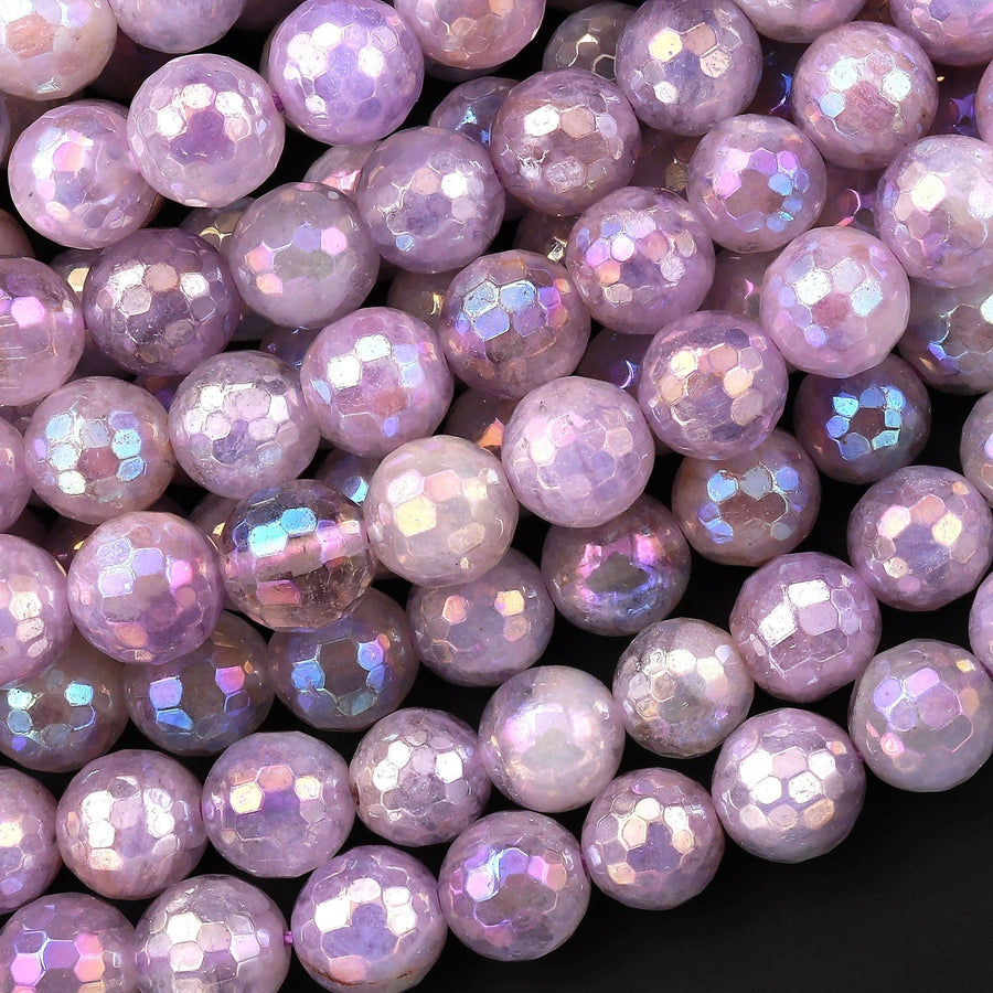 Mystic Violet Amethyst Faceted 6mm 8mm Round Beads Plated Silverite AB Coated Natural Gemstone 15.5" Strand
