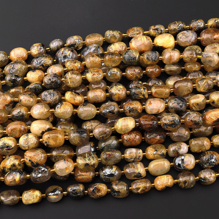 Natural Titanium Golden Rutile Quartz Puffy Smooth Nugget Beads Gemstone 15.5" Strand