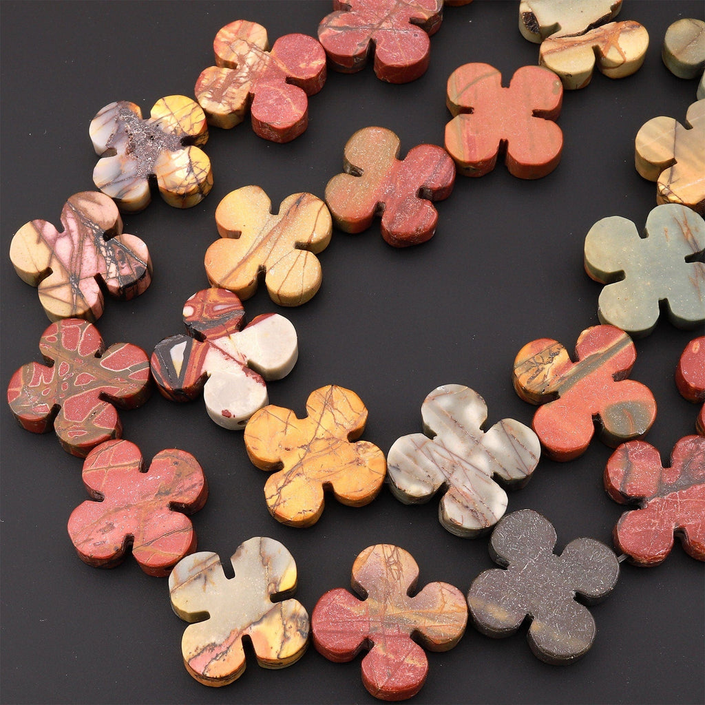 Carved Red Creek Jasper Beads 4 Leaf Clover Flower Earthy Red Green Yellow Brown Natural Cherry Creek Multi-color Picasso Jasper 15" Strand