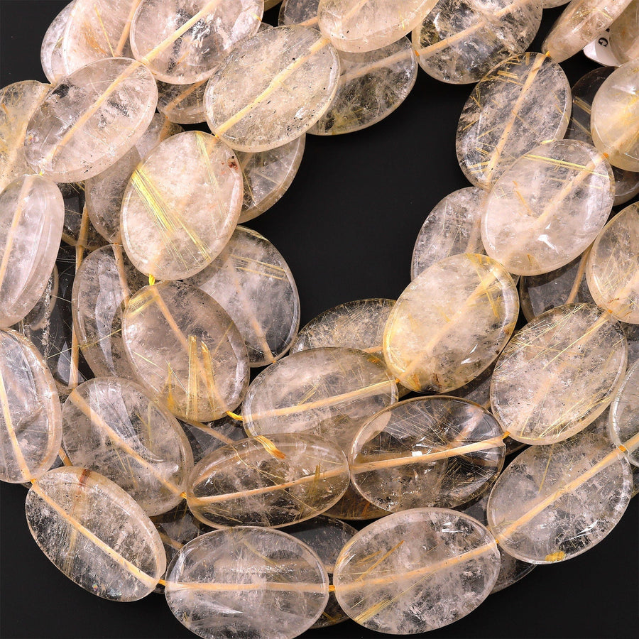 Large Natural Golden Rutile Quartz Smooth Oval Beads Gemstone 15.5" Strand