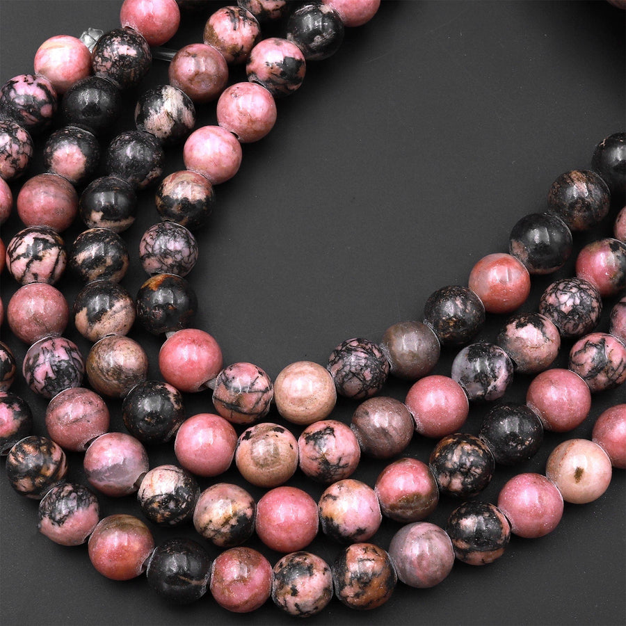 Large Hole Beads 2.5mm Drill Natural Pink Black Rhodonite 8mm 10mm Round Beads 8" Strand