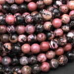 Large Hole Beads 2.5mm Drill Natural Pink Black Rhodonite 8mm 10mm Round Beads 8" Strand