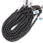 Matte Black Druzy Agate 8mm 10mm Round Beads With Sparkling Quartz Crystal Cave 15.5" Strand