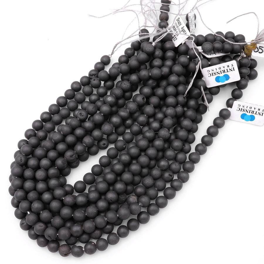 Matte Black Druzy Agate 8mm 10mm Round Beads With Sparkling Quartz Crystal Cave 15.5" Strand