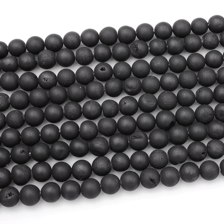 Matte Black Druzy Agate 8mm 10mm Round Beads With Sparkling Quartz Crystal Cave 15.5" Strand