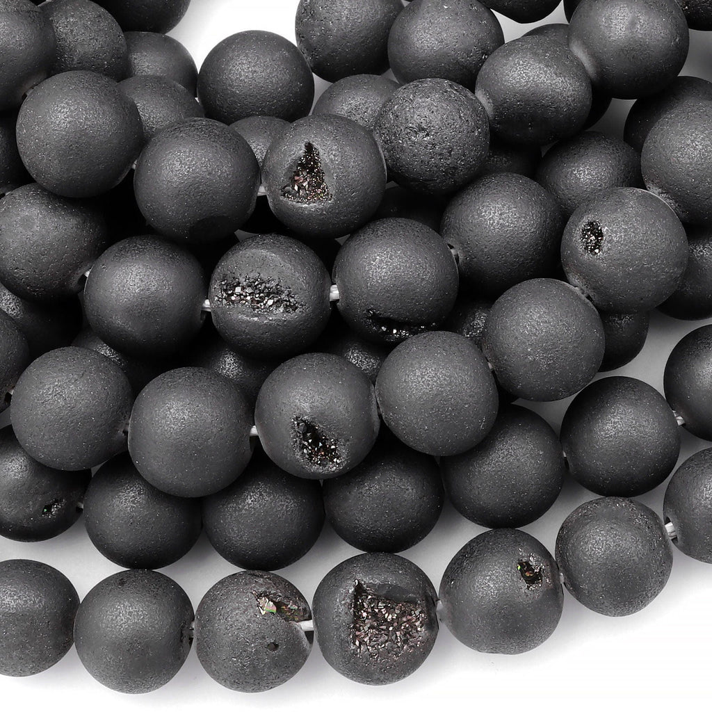 Matte Black Druzy Agate 8mm 10mm Round Beads With Sparkling Quartz Crystal Cave 15.5" Strand