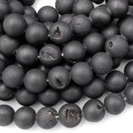 Matte Black Druzy Agate 8mm 10mm Round Beads With Sparkling Quartz Crystal Cave 15.5" Strand
