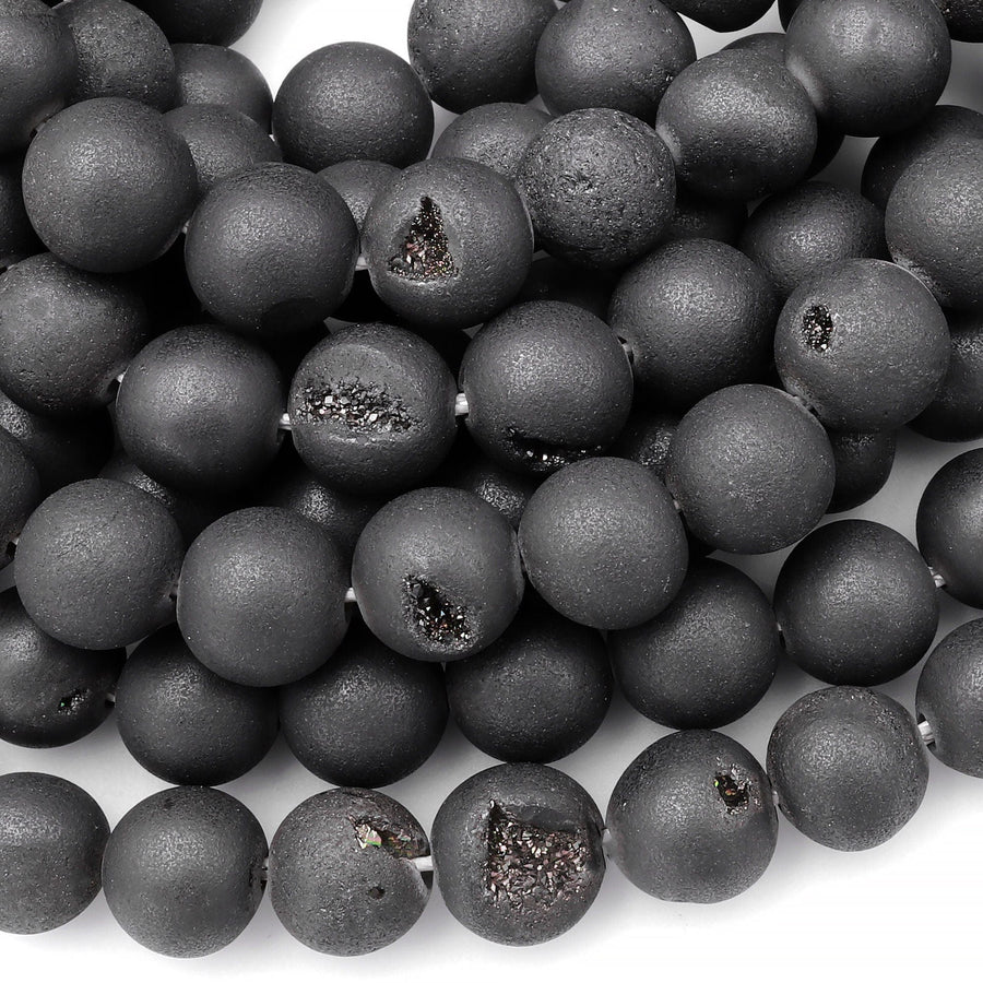 Matte Black Druzy Agate 8mm 10mm Round Beads With Sparkling Quartz Crystal Cave 15.5" Strand