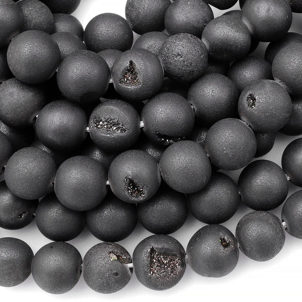 Matte Black Druzy Agate 8mm 10mm Round Beads With Sparkling Quartz Crystal Cave 15.5" Strand