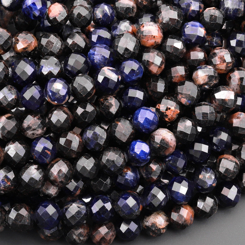 Faceted Natural Deep Dark Blue Orange Sodalite 4mm 6mm Round Beads Micro Cut Gemstone 15.5" Strand