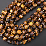Natural Tiger's Eye Faceted 8mm Dice Cube Square Beads Golden Brown Gemstone 15.5" Strand